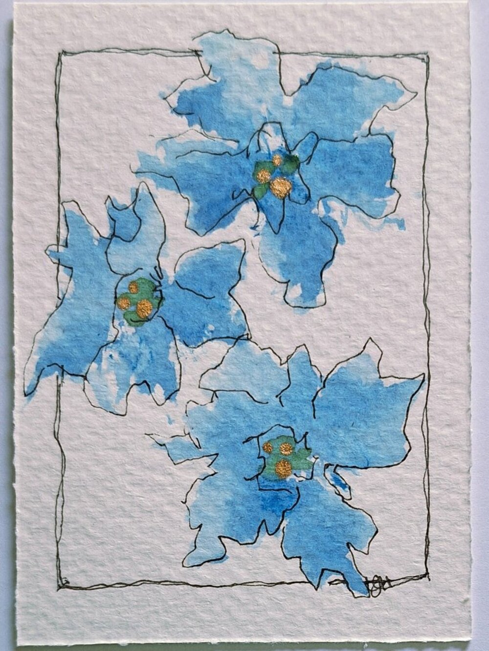 Original ACEO Watercolor Blue Floral with Gold Accents OOAK Ships Free